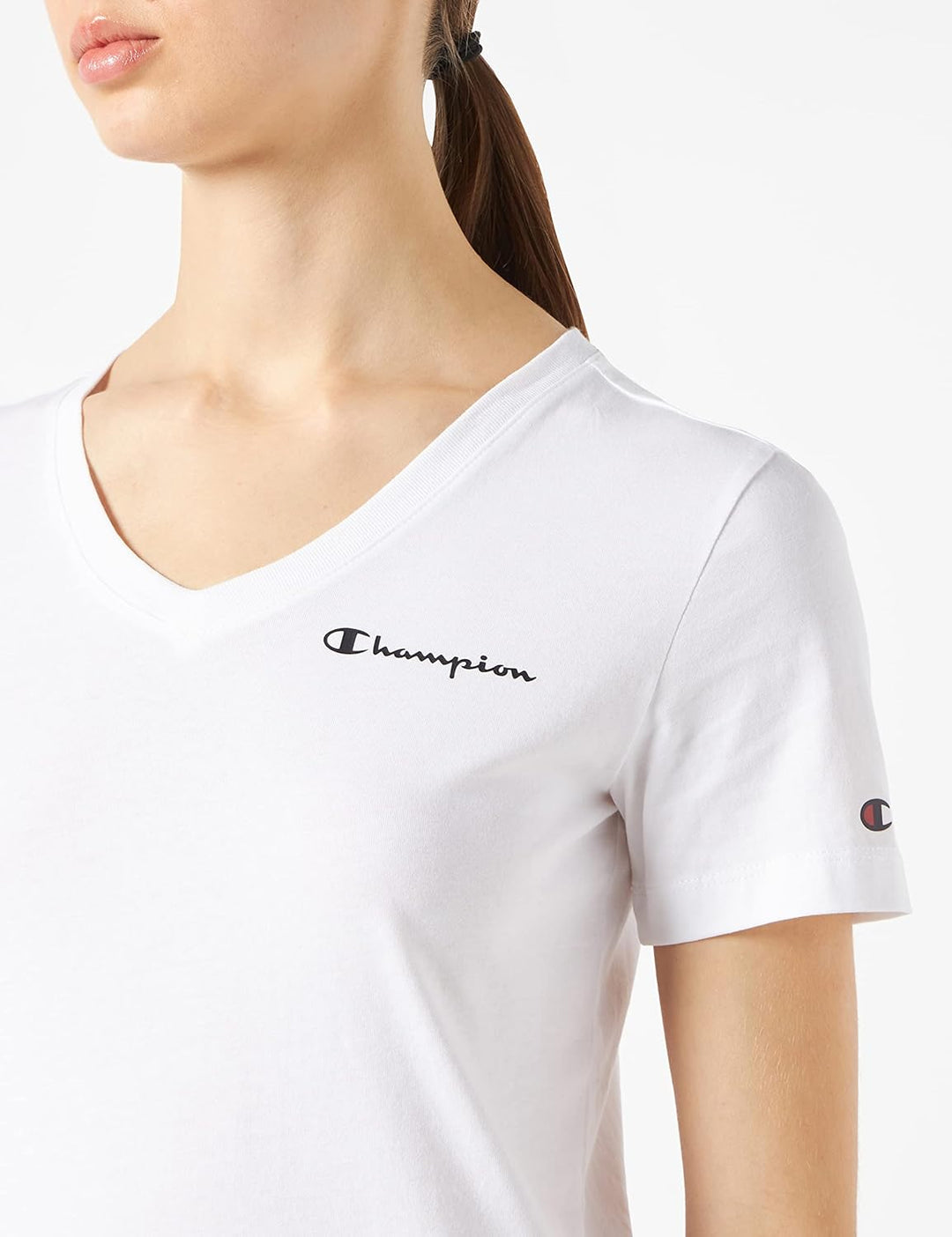 Champion Damen American Classics-Small Logo S/S V-Neck T-Shirt L Weiss, L Weiss