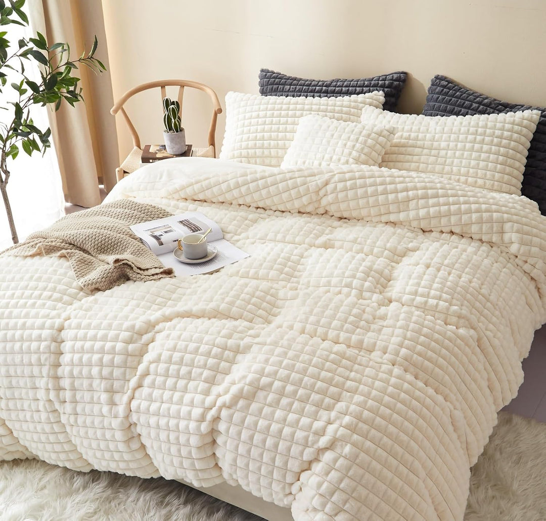 Freyamy Plüsch Bettwäsche 135x200 Beige Kunstfell Flauschig Winterbettwäsche Warme Flanell Fleece De