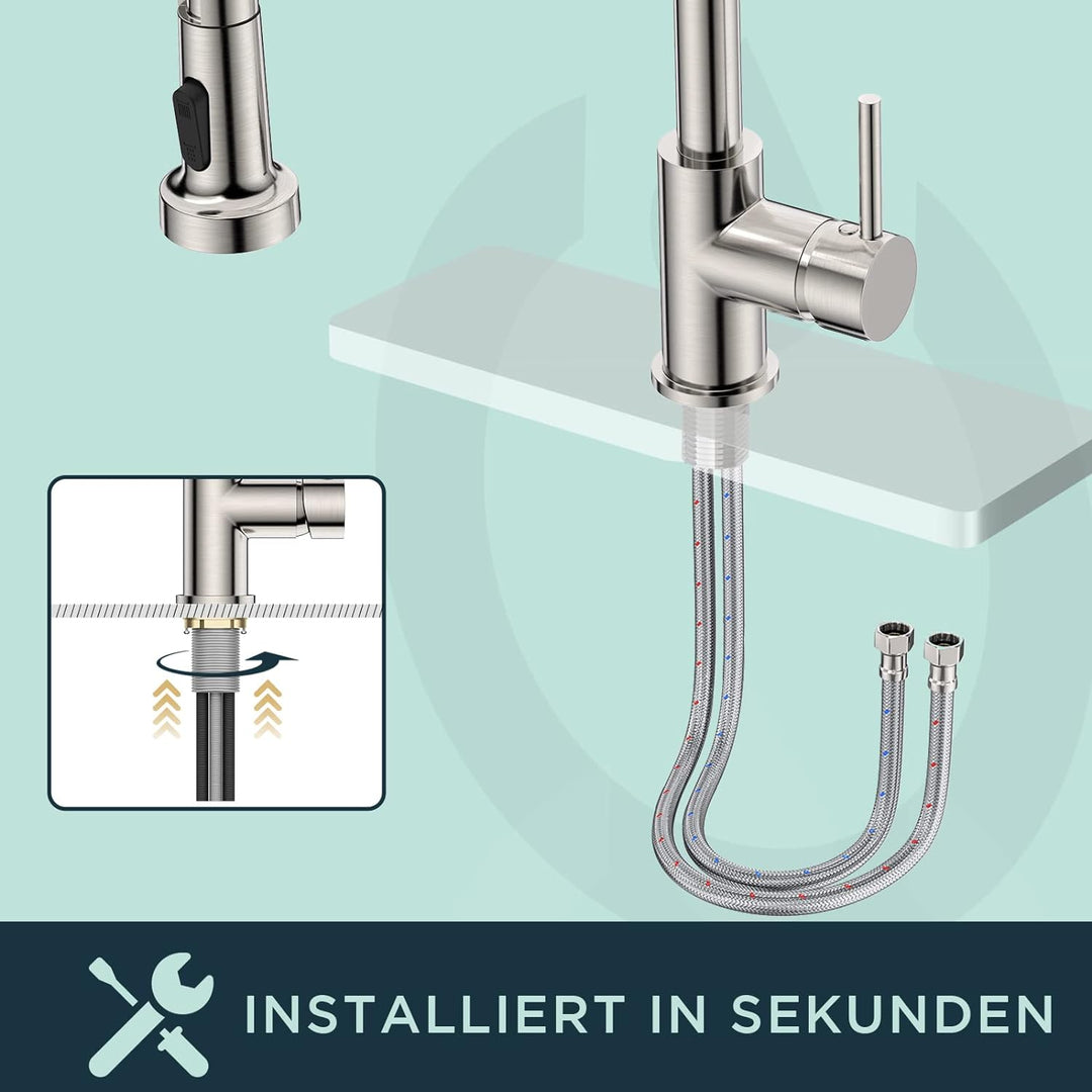 FORIOUS Wasserhahn Küche, Hoher Bogen Hochdruck Küchenarmatur mit Herunterziehen Brause Armatur, Mis