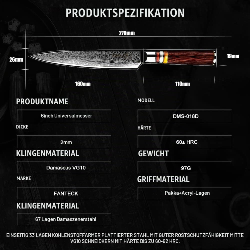 FANTECK 16cm Küchenmesser Damastmesser, Obstmesser Scharf Kochmesser Profi Chef Messer 67-Schicht VG