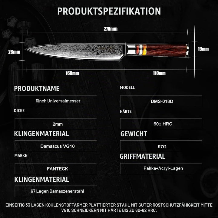 FANTECK 16cm Küchenmesser Damastmesser, Obstmesser Scharf Kochmesser Profi Chef Messer 67-Schicht VG