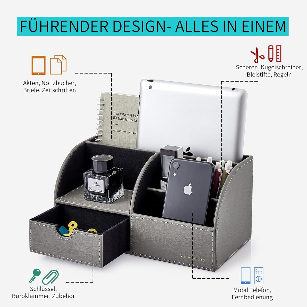 Vlando Schreibtisch-Organizer Edel mit 5 Fächern, Stifteköcher inkl. Schublade Leder, Organizer Büro