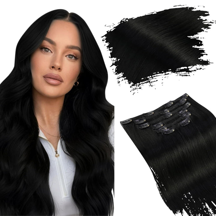 Ugeat 18Zoll/45cm Echthaar Extensions Clip in Schwarz Echte Haare Tressen Extensions 7Stück Clip in