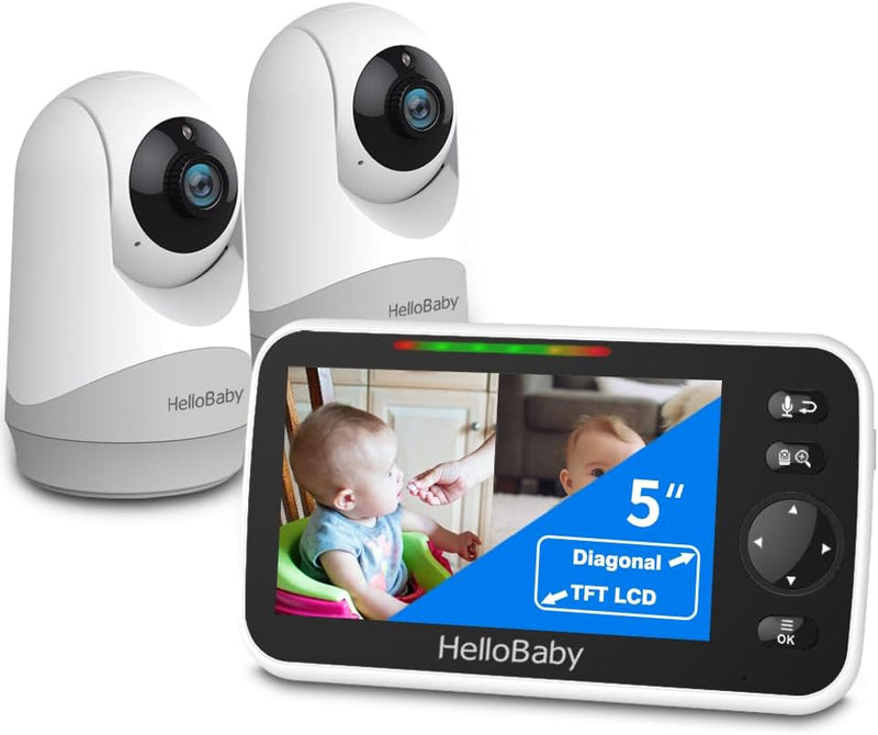 HelloBaby Video-Baby-Monitor, 5-Zoll-Split-Screen mit Dual-Kameras, Fernsteuerung Kameras mit Nachts
