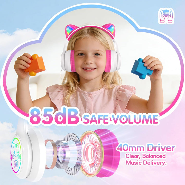 IFECCO Bluetooth Kopfhörer Kinder kabellos mit Aufbewahrungstasche, Kinderkopfhörer Over-Ear mit LED
