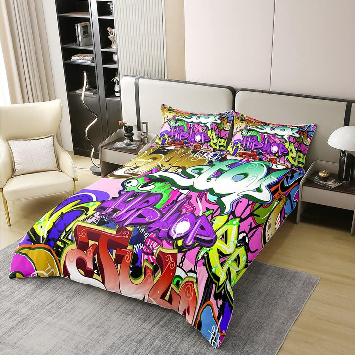 100% Bio Baumwolle Graffiti Bettbezug 135x200 für Kinder,Tie Dye Bettwäsche Set,Hip Hop Tröster Bezu