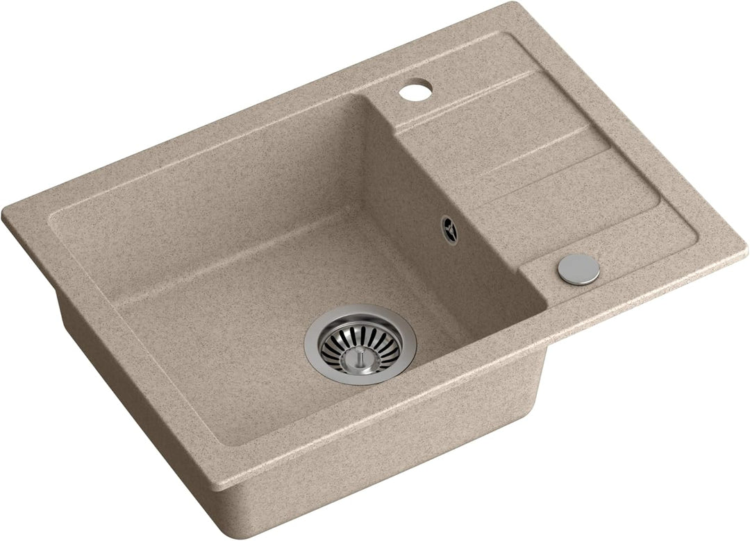 VBChome Spülbecken Beige 62 x 44 cm Granit Einzelbecken Einbauspüle Abtroffläche Gesprenkelt Reversi