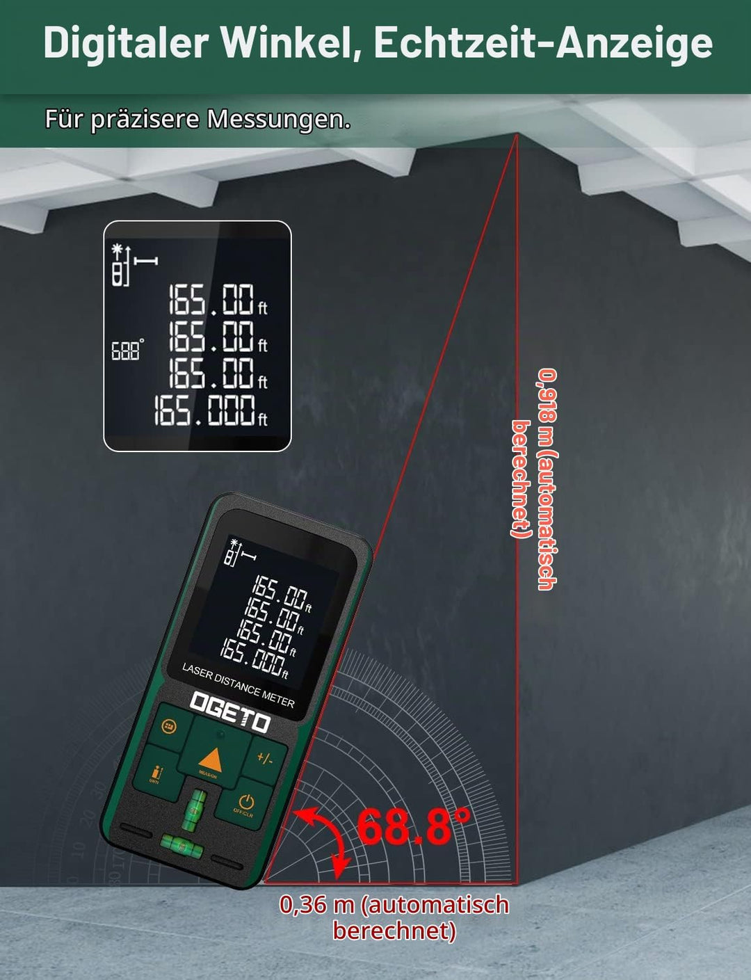 Laser Entfernungsmesser, OGETO Laser Entfernungsmesser mit LCD Hintergrundbeleuchtung, 99 Datensätze
