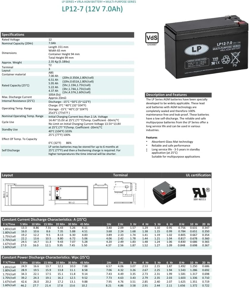 LP BATTERIES NSA LP12-7 T2 AGM Akku Vlies Batterie VRLA Zyklenfest Wartungsfrei für Elektro Spielzeu