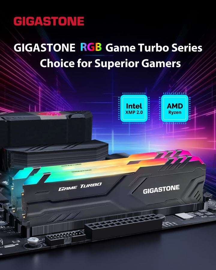 【RGB DDR4 RAM】 GIGASTONE Game Turbo 16GB Kit(2x8GB) DDR4 3200MHz PC4-25600 CL16-18-18-40 Intel XMP 2