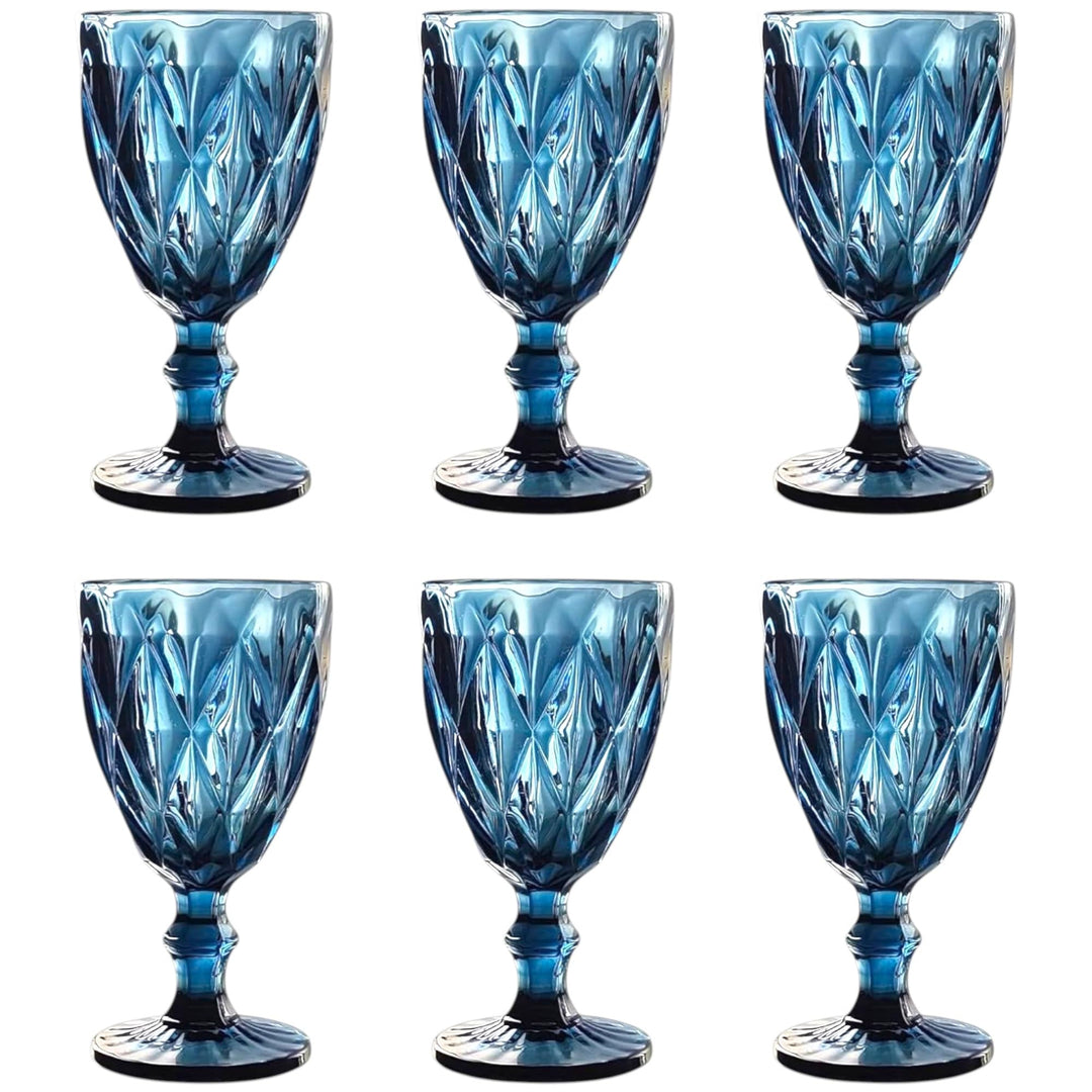 GMMH Vintage 6er-Set Farbige Weingläser Trinkgläser mit Prägung (Rombus/Blau/250 ml) Hochzeitsgläser