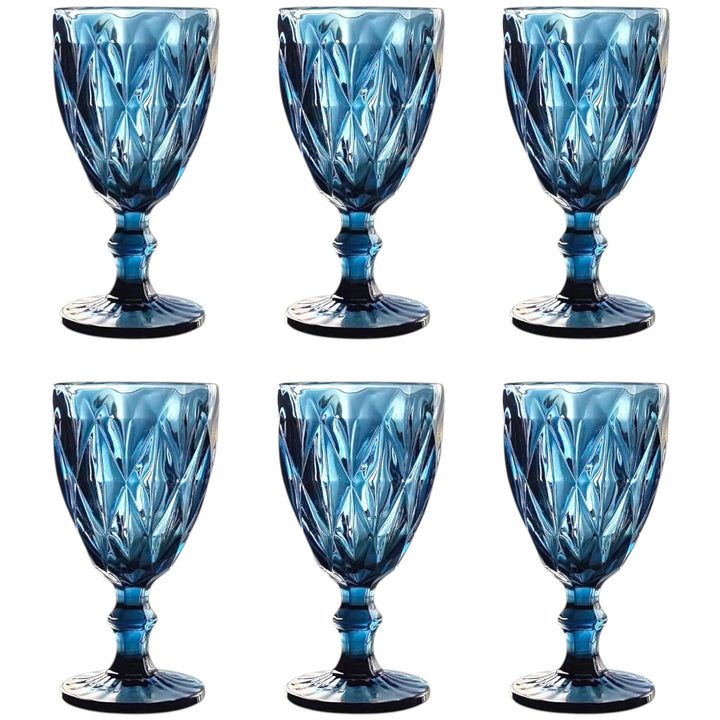 GMMH Vintage 6er-Set Farbige Weingläser Trinkgläser mit Prägung (Rombus/Blau/250 ml) Hochzeitsgläser