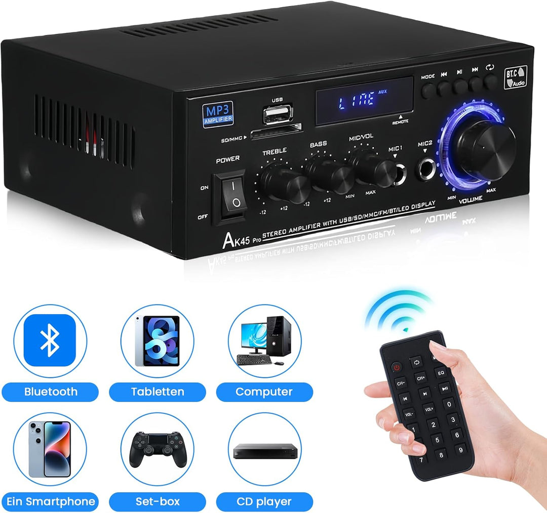 AK45 HiFi Verstärker Mini Stereo Bluetooth Radio Audio Verstärker Receiver, 12V/ 240V 2.0 Kanäle 40W