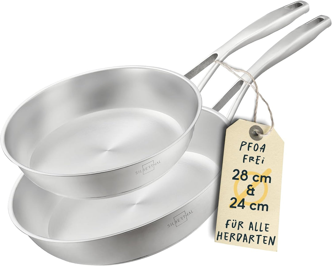 SILBERTHAL Pfannen Set 2 teilig - Edelstahlpfanne Unbeschichtet & Beschichtet - 24 cm und 28 cm - In