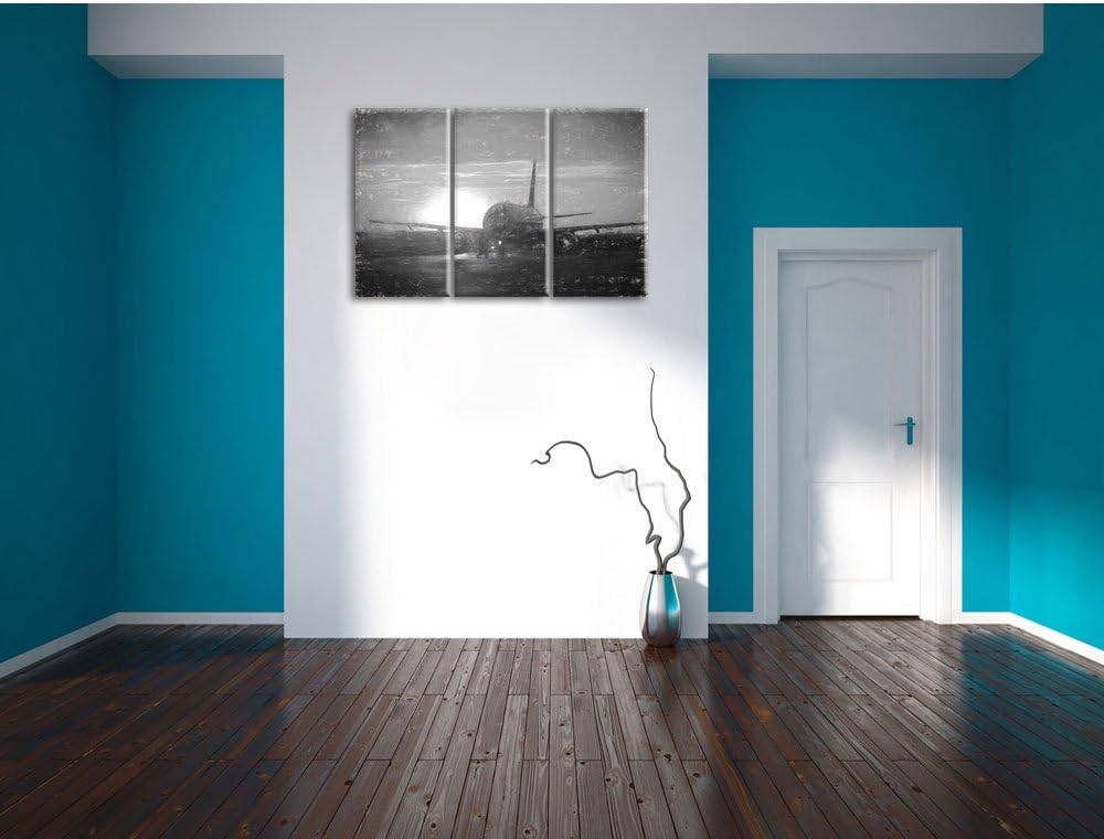 Pixxprint Flugzeug im Sonnenuntergang 3Teiler 120x80 cm Leinwandbild Wandbild Kunstdruck