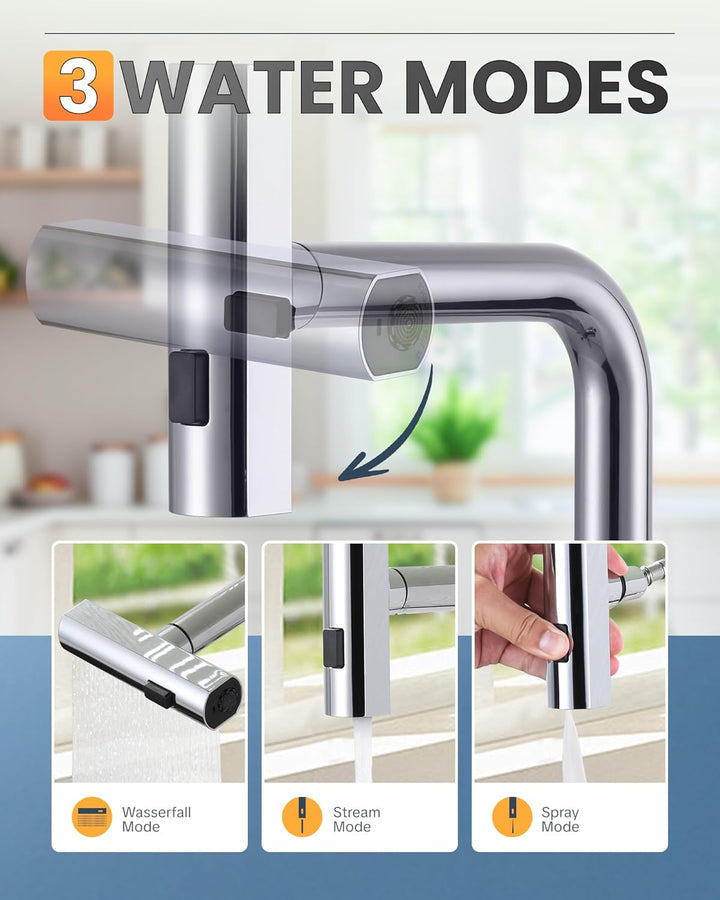 Wasserhahn Küche, Küchenarmatur Ausziebar mit Brause, Hochdruck Wasserfall Spültischarmatur 360° Dre