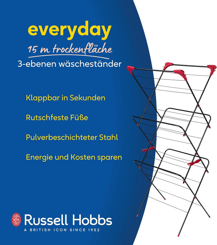 Russell Hobbs LA073785EU Klappbar Wäscheständer mit 3 Ebenen - grosser Wäschetrockner mit 15m Trocke