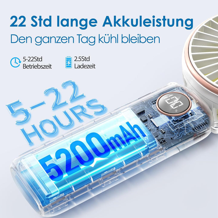 BEYYON Tragbarer Handventilator, 3-in-1 USB Ventilator Hand, leiser Mini Ventilator mit LED-Display,