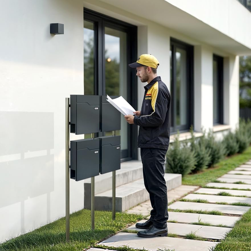 Metzler Standbriefkasten für 4 Parteien in Anthrazit RAL 7016 – Briefkasten freistehend 4er für Mehr