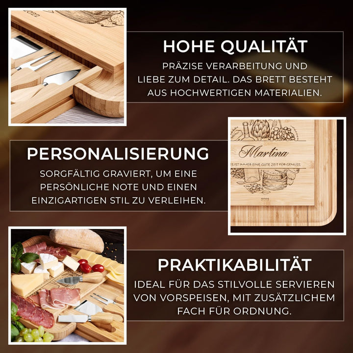 Maverton Käsebrett Servierplatte mit Gravur + 4er Käsemesser Set - aus Holz - 34x34cm - Geschenke fü