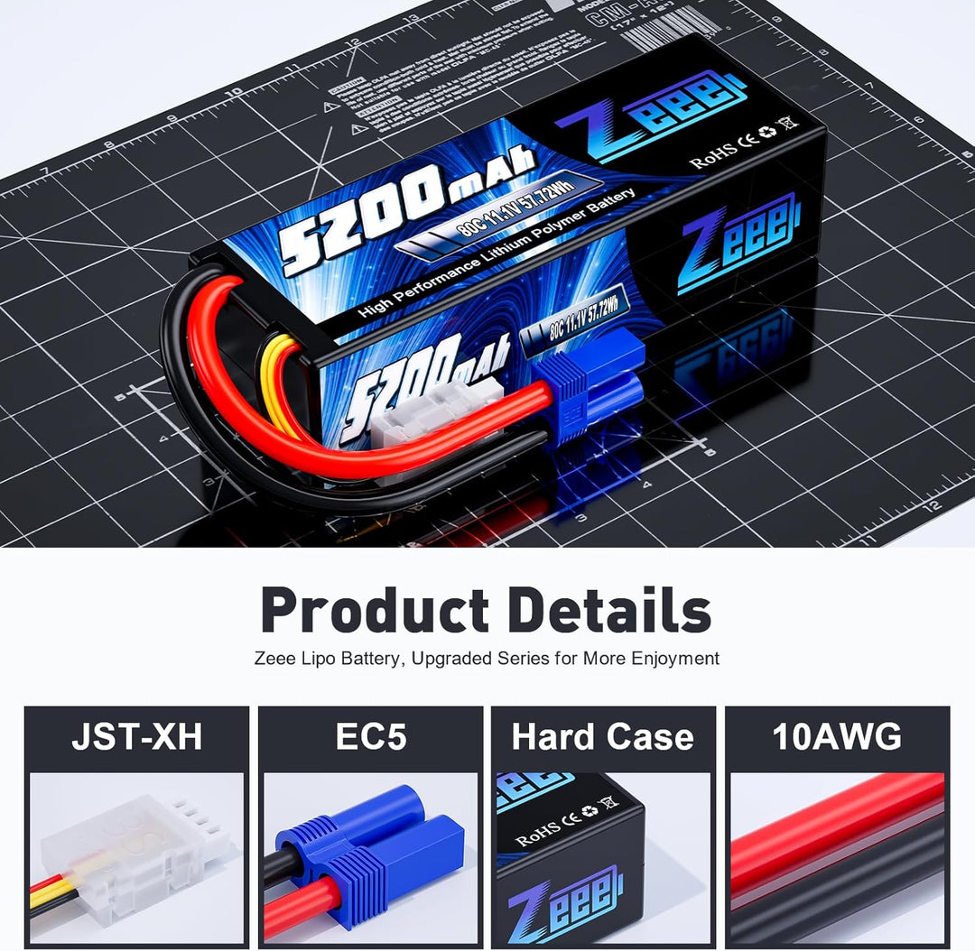 Zeee 3S Lipo Akku 5200mAh 11,1V 80C mit EC5 Stecker Hartschalen RC Akku für RC Car Boot LKW Hubschra