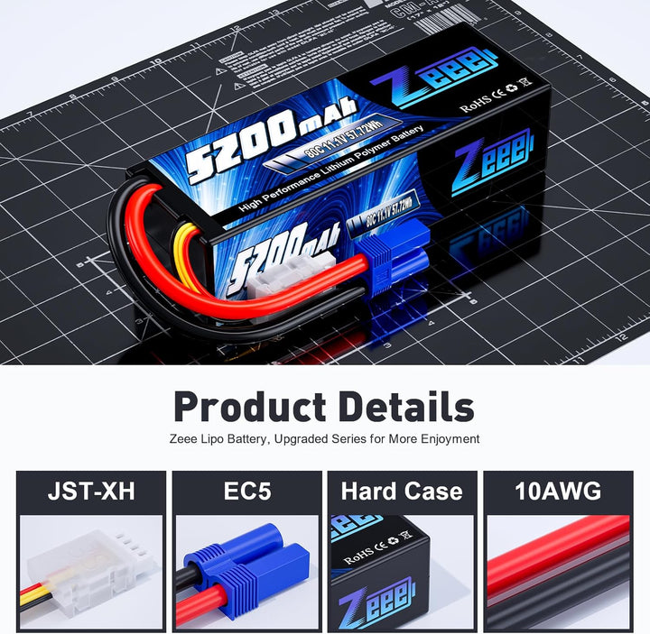Zeee 3S Lipo Akku 5200mAh 11,1V 80C mit EC5 Stecker Hartschalen RC Akku für RC Car Boot LKW Hubschra