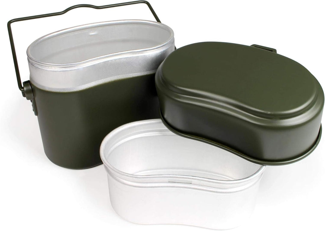 Outdoor Geschirrset Essbesteck + Aluminium Kochgeschirr + Schale 18/8 Stahl - rostfrei Oliv, Oliv