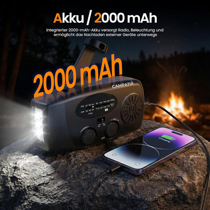 CAMPATIX Notfallradio mit 2000 mAh Solar-Powerbank, AM/FM Radio, USB-Ladung, LED, Taschenlampe, Hand