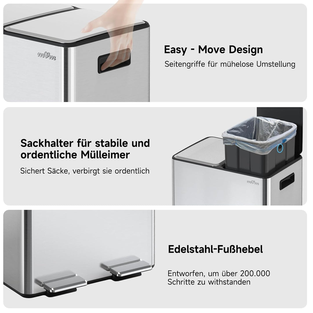 mVm Mülleimer Küche,40 Liter Treteimer,2 x 20 Liter Treteimer, 2 Fächer, Mülltrennsystem, Abfalleime