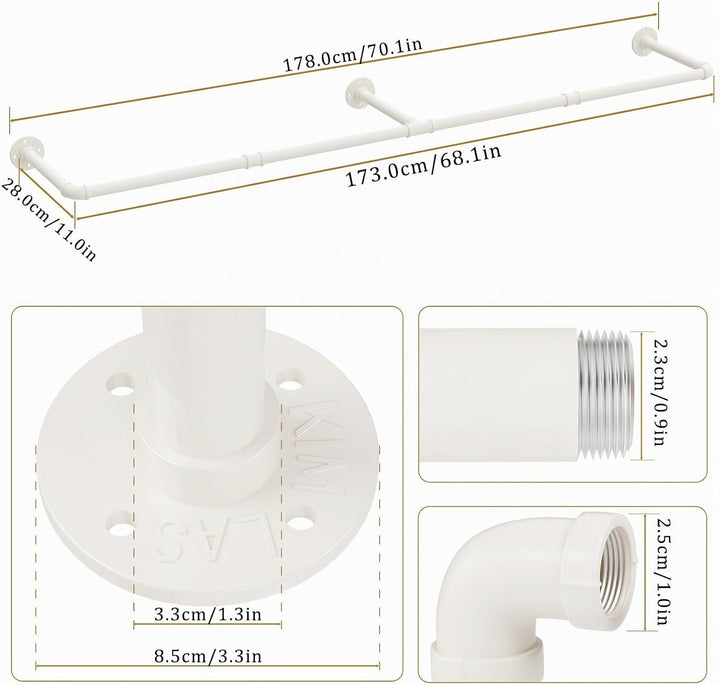 Yawinhe Industrierohr Kleiderstangen,180cm Kleiderständer für die Wand, Platzsparenders Wandregal Kü