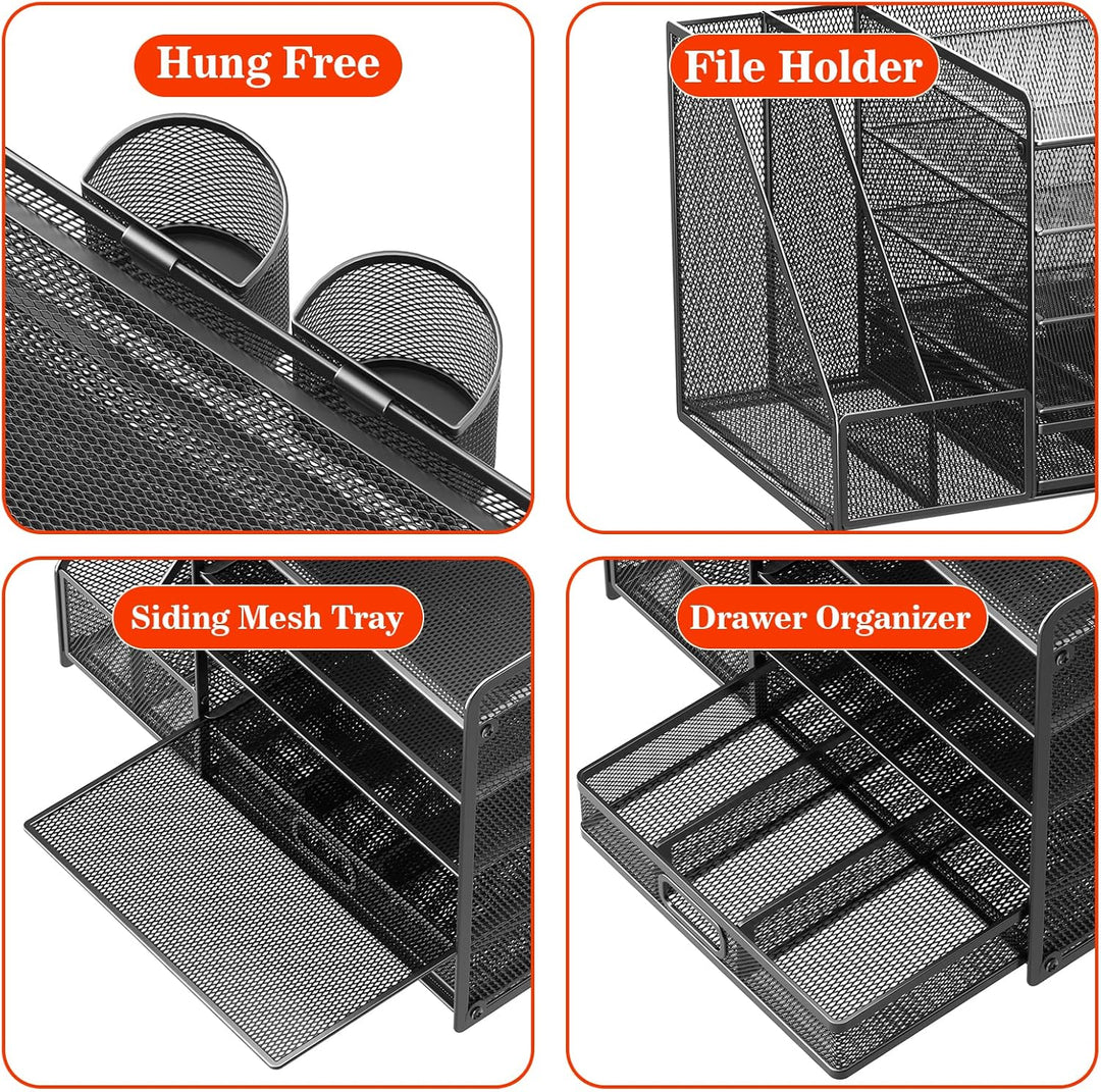 Schreibtisch Organizer mit Aktenhalter, 5-stufiger Papier Organizer mit Schublade und 2 Stifthaltern