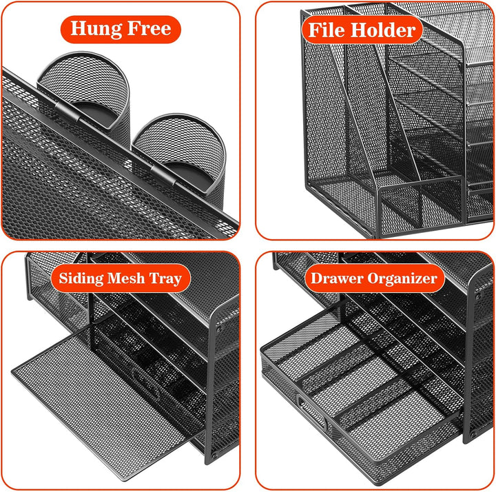Schreibtisch Organizer mit Aktenhalter, 5-stufiger Papier Organizer mit Schublade und 2 Stifthaltern