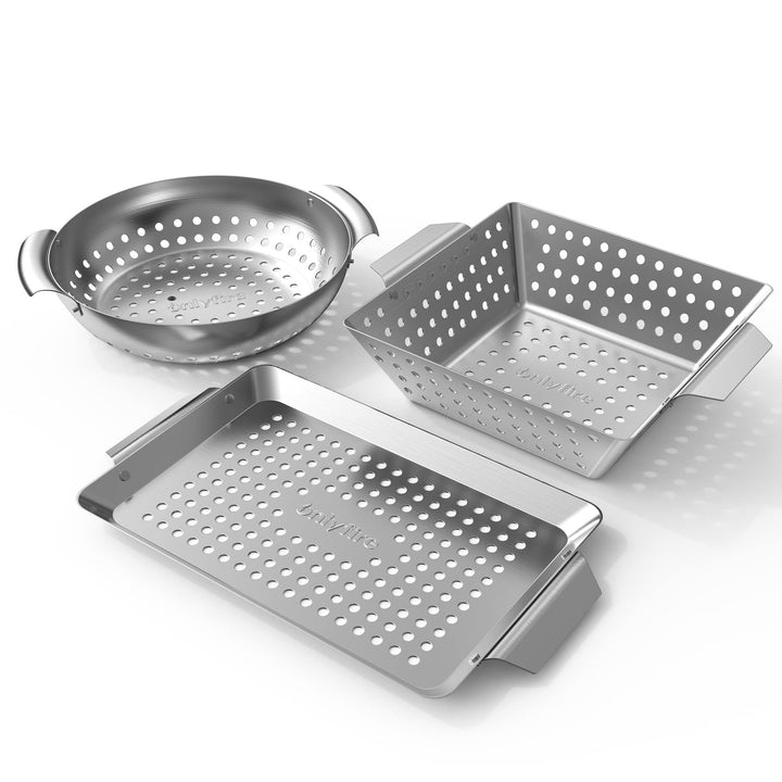 Onlyfire Grillschale Edelstahl 3er Set, Grillkorb mit Tragegriffen, Grillschale für Gemüse, Fleisch
