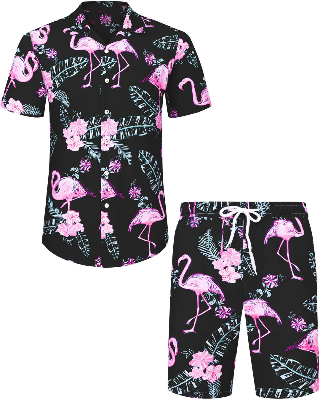 J.VER Herren Hawaiihemd Kurzarm Party Hemd Casual Flamingo Floral Strandhemd Bügelfrei Button Down K