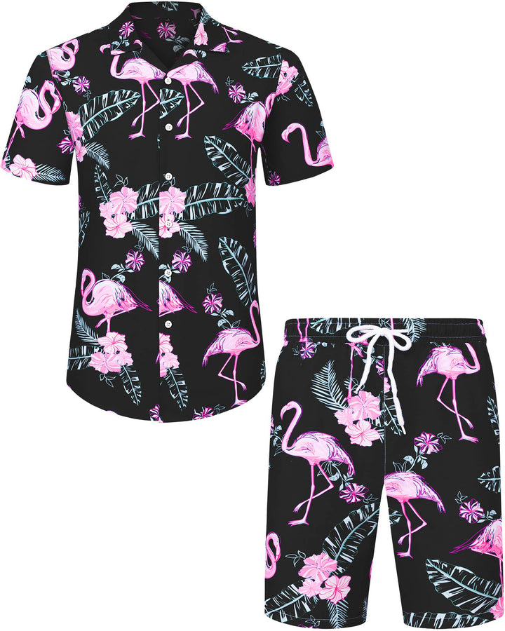 J.VER Herren Hawaiihemd Kurzarm Party Hemd Casual Flamingo Floral Strandhemd Bügelfrei Button Down K