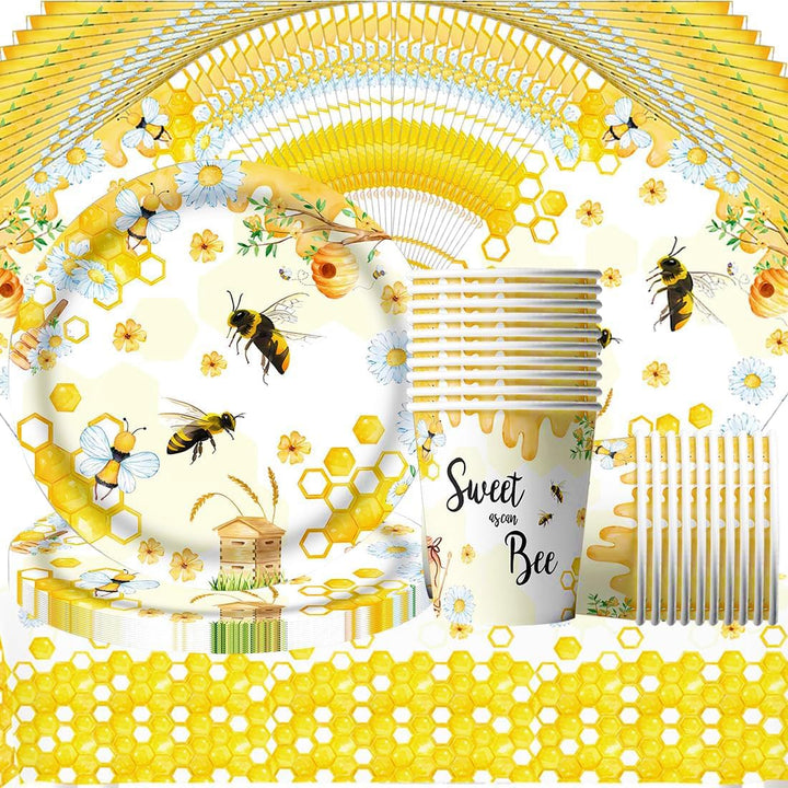 Biene Partygeschirr Set,Doyomtoy Biene Peach Babyparty Deko Serve 20 Gäste Geburtstag Partygeschirr,
