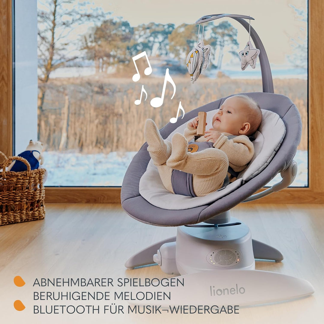 LIONELO MELL Elektrische Babywippe mit 360o Drehung für Babys bis 9 kg Verstellbare Rückenlehne 5 Sc