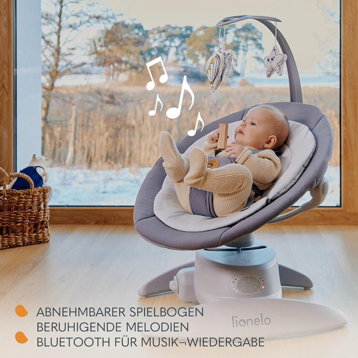 LIONELO MELL Elektrische Babywippe mit 360o Drehung für Babys bis 9 kg Verstellbare Rückenlehne 5 Sc