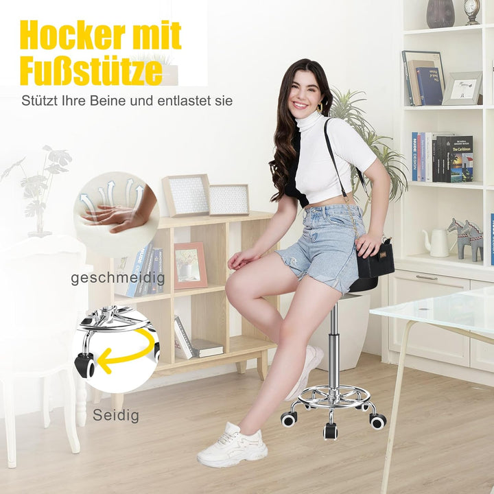 Hocker höhenverstellbar 49cm-63cm,Rollhocker mit fussstützezur Entspannung des Körpers,kompakt,beque