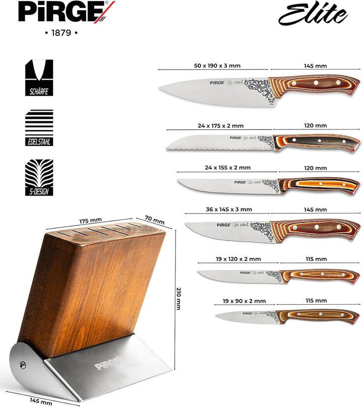 Pirge Elite Küchenmesser Set mit Block 7 TLG Edelstahl - Verbundholz Full Tang Messer Set mit Hainbu