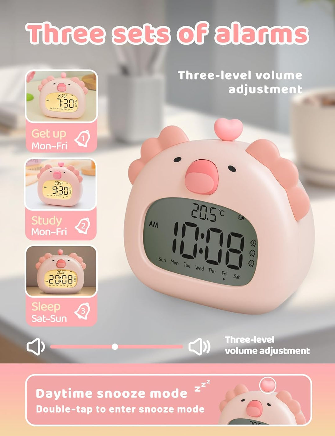 IHALO Cute Axolotl Kinderwecker, Nachttischwecker mit Nachtlicht, digitales LED-Display, 3,15 Zoll,