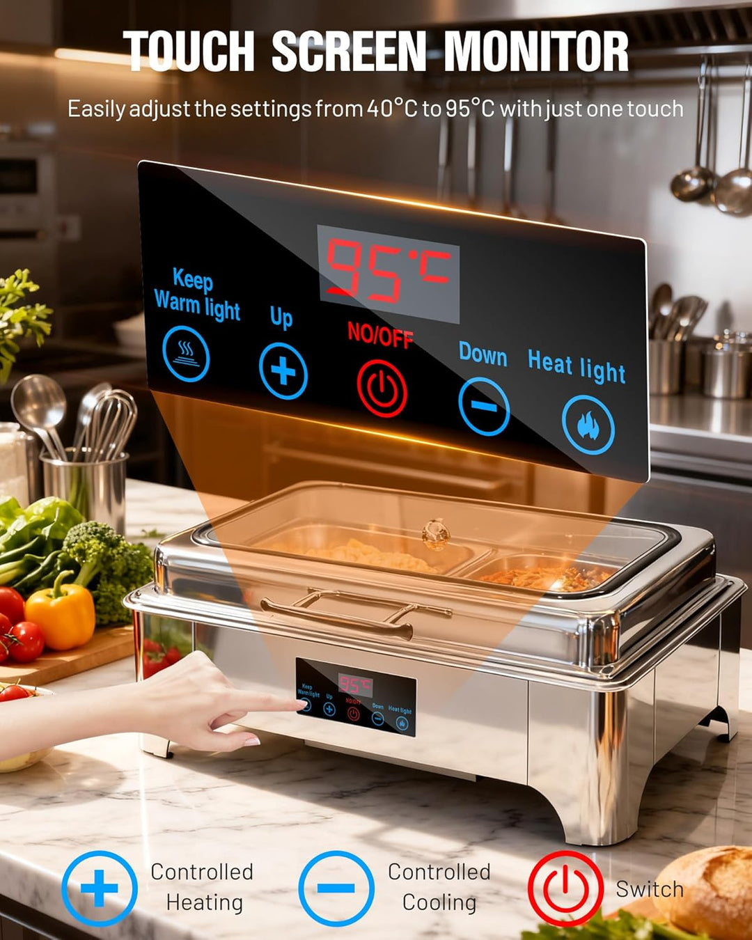 Chafing Dish Elektrisch, 9L Professioneller Speisenwärmer, Buffetwärmer mit Touchscreen Temperaturre