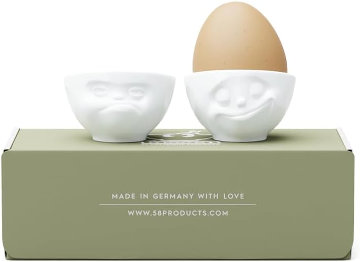FIFTYEIGHT PRODUCTS / Tassen/Eierbecher - Set Nr. 3 „Glücklich & HMPFF“ (Porzellan, weiss, Made in G