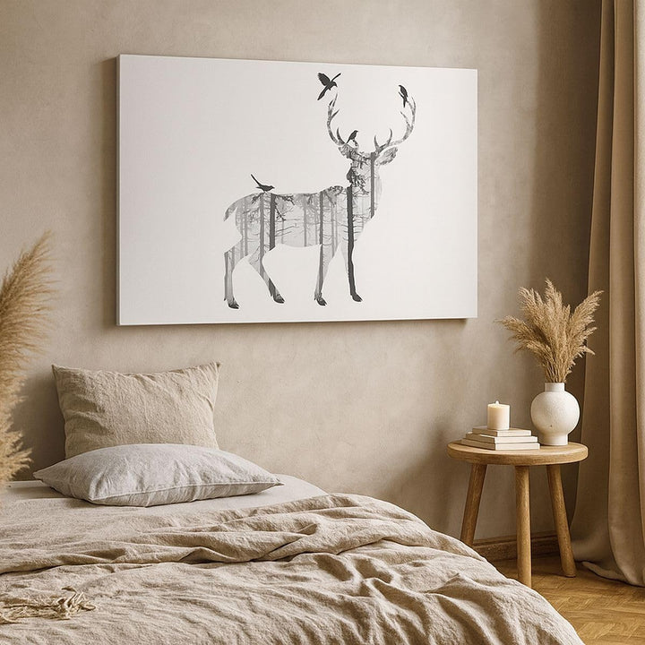 Bilder auf Leinwand 100x70cm Leinwandbild Hirsch Herbst Wald Illustration Gross Wanddeko Bild Schlaf