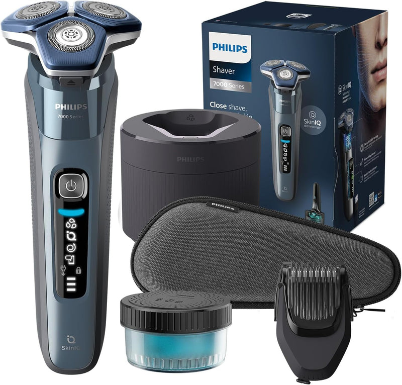 PHILIPS Shaver S7000 – Elektrischer Nass-& Trockenrasierer in Eisblau mit 1 x integrierten ausklappb