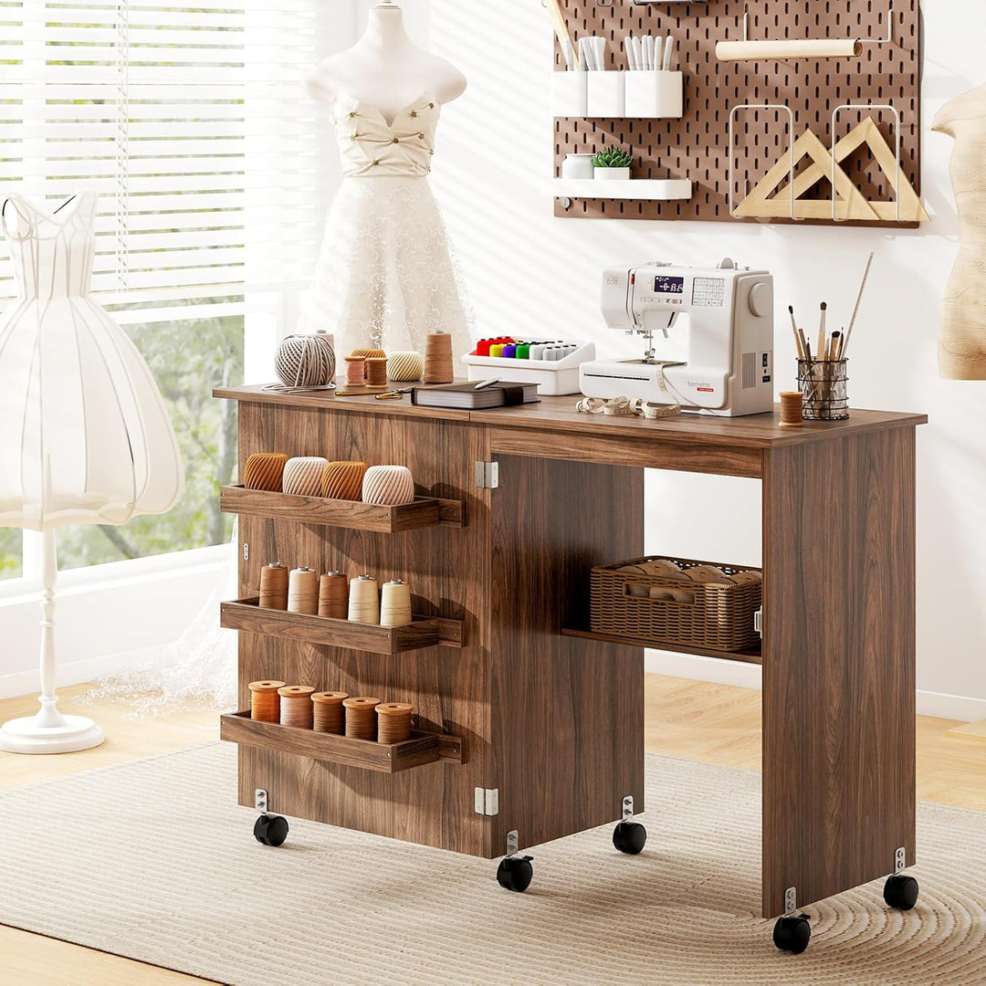GIANTEX Nähtisch klappbar, Nähmaschinentisch auf Rollen, Nähtisch für Nähmaschine, Nähschrank Holz,