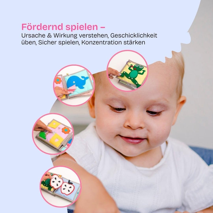 Jolly Designs Mini Quiet Book Dösender Löwe – Montessori Spielzeug ab 1 Jahr – Stoffbuch & Busy Book