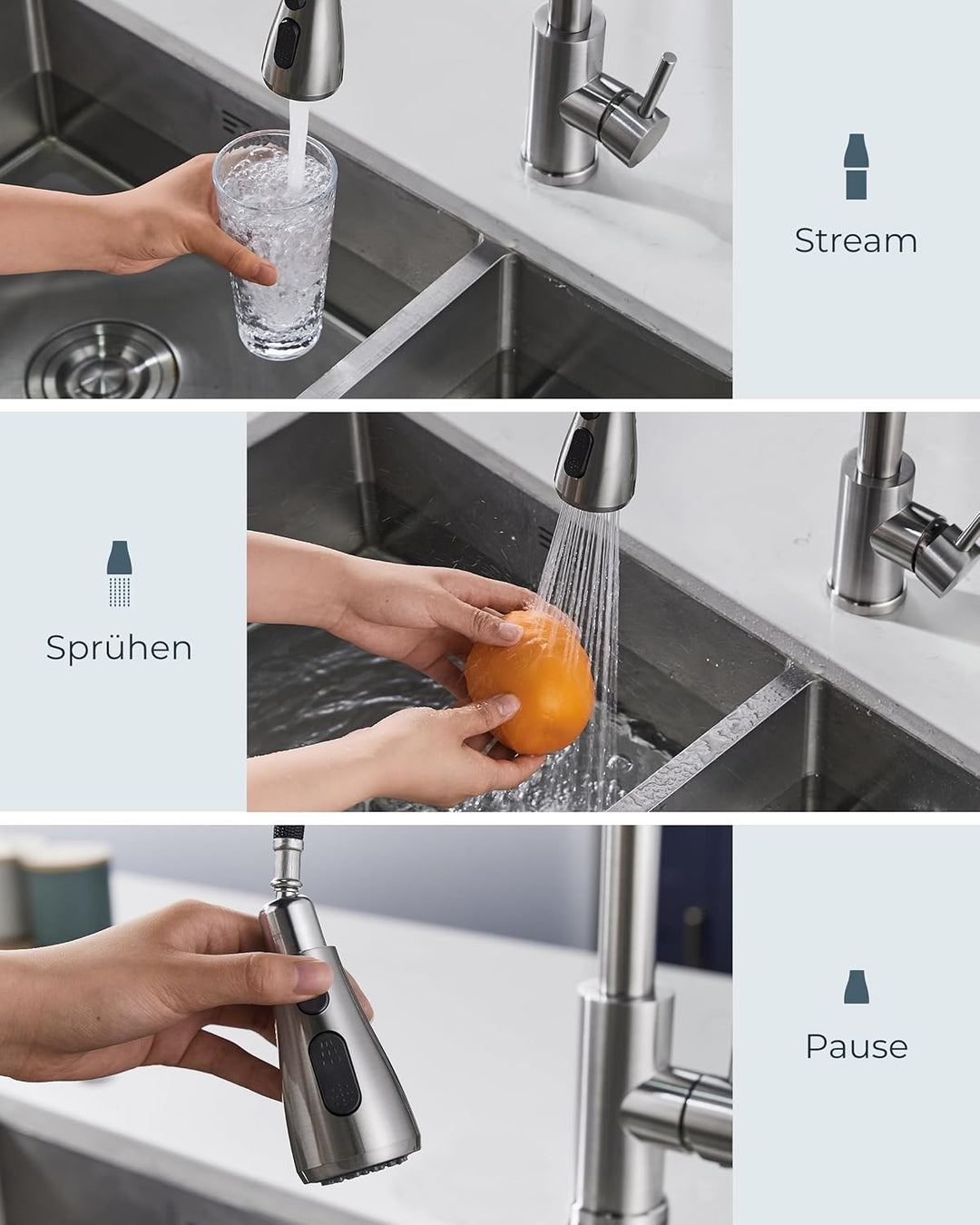 FORIOUS Wasserhahn Küche, Hochdruck Küchenarmatur mit Herausziehbarer Brause Ausziehbar Armatur, Mis