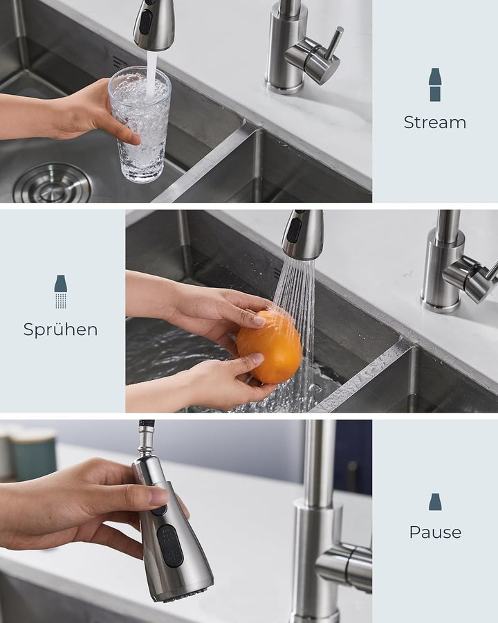 FORIOUS Wasserhahn Küche, Hochdruck Küchenarmatur mit Herausziehbarer Brause Ausziehbar Armatur, Mis