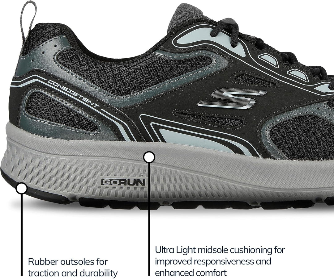 Skechers Herren Go Run Consistent Sneaker 43 EU Black Leather Synthetic Gray Trim, 43 EU Black Leath